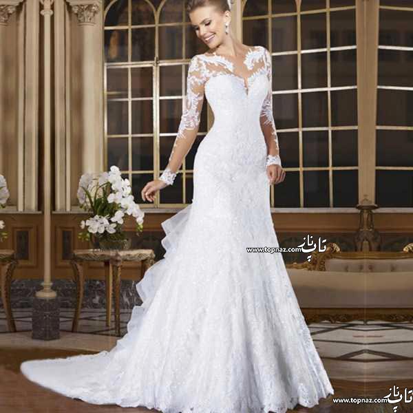 مدل لباس عروس آستین دار دانتل و سنگ دوزی 2016