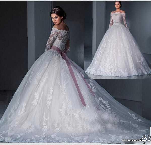 مدل لباس عروس آستین دار دانتل و سنگ دوزی 2016